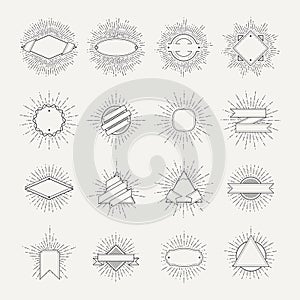Stamp and badges collection. Different shapes and sunburst frames. Vintage monochrome banners and vector ribbons