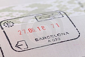 Stamp of Barcelona airport customs on arrival in the passport.