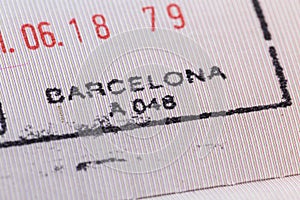 Stamp of Barcelona airport customs on arrival in the passport.