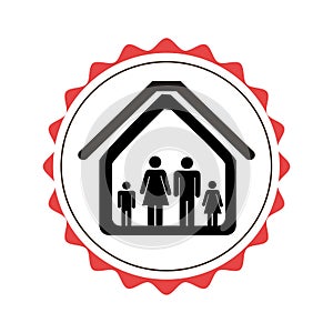 Stamp border with silhouette family in house pictogram