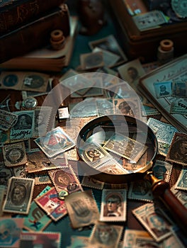 Stamp collection under magnifying glass, cozy lighting, intimate detail, professional color grading,soft shadowns, no contrast,