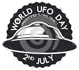 Stamp with Flying Saucer and Label for World UFO Day, Vector Illustration