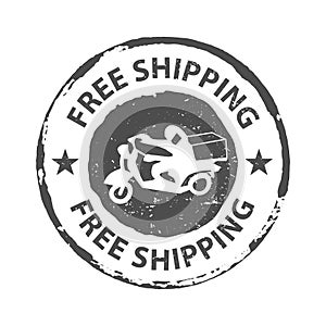 Stamp grunge rubber free shipping in gray. Seal of free shipping with human on motorcycle