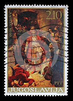 Stamp issued in Yugoslavia shows Nikola Subic Zrinjski at the battle of Siget, by Oton Ivekovic