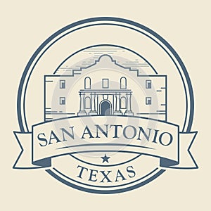 Stamp or label with Alamo Mission in San Antonio, Texas