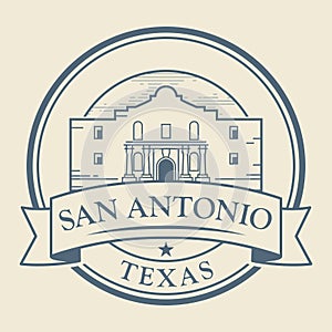 Stamp or label with Alamo Mission in San Antonio, Texas photo