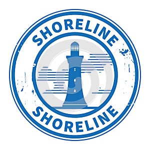 Stamp or label with Lighthouse silhouette and text Shoreline