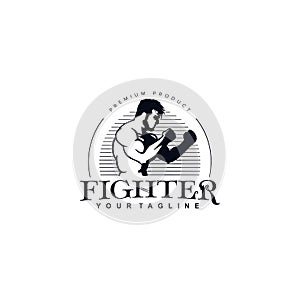 Stamp label for silhouette muscular body Fighter logo vector design template inspiration idea
