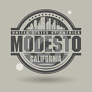 Stamp or label with text Modesto, California inside photo