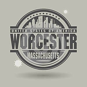 Stamp or label with text Worcester, Massachusetts inside photo