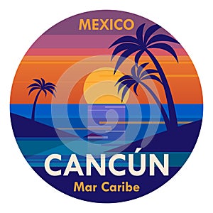Stamp or label with the tropical beach and words Cancun, Mexico photo