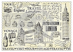 Stamp London with Big Ben and Tower Bridge.