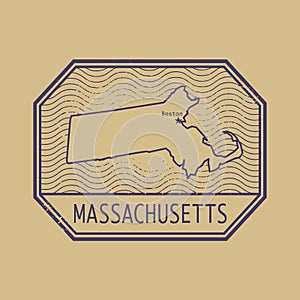 Stamp with the name and map of Massachusetts, United States