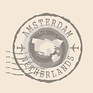 Stamp Postal of Amsterdam. Map Silhouette rubber Seal. Design Retro Travel. Seal Map of Amsterdam