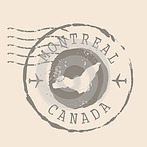 Stamp Postal of Montreal is city of Canada. Map Silhouette rubber Seal. Design Retro Travel.