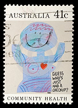 Stamp printed in Australia shows the Caricature `Medical checkups`, Community health