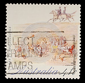 Stamp printed in Australia shows Off to the Diggings