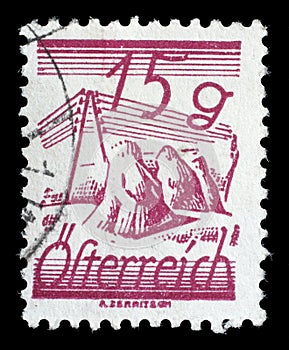 Stamp printed in Austria, is depicted Fields Crossed by Telegraph Wires