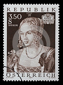 Stamp printed by Austria, shows Art Treasures in Austria, Venice Girl by Albrecht Durer