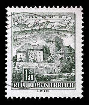 Stamp printed in the Austria shows Schatten Castle, Feldkirch, Vorarlberg