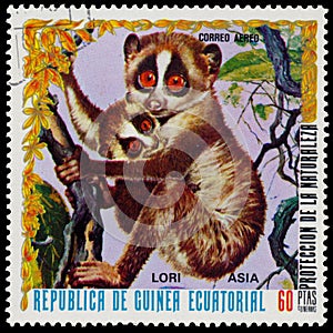 Stamp printed in the Equatorial Guinea shows Sunda slow loris