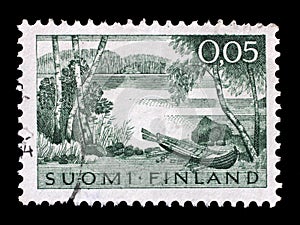 Stamp printed by Finland, shows Landscape with Lake and Rowing Boat