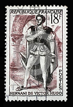 Stamp printed in the France shows image of Hernani, Hernani ou l`Honneur Castillan by Victor Hugo, Actors series