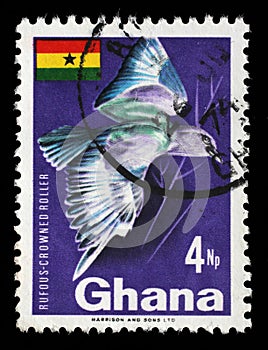 Stamp printed in Ghana shows Rufous-crowned Roller