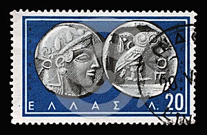 Stamp printed in Greece shows Athena and Owl Athens 5th century B.C Ancient Greek Coins