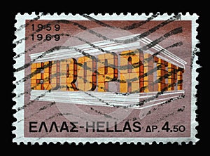 Stamp printed in Greece shows EUROPA CEPT Building Colonnade