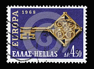 Stamp printed in Greece shows EUROPA CEPT Engraving on a Key