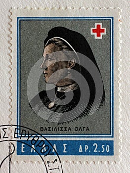 Stamp printed by Greece shows Queen Olga  founder of Greek Red Cross  International Red Cross series