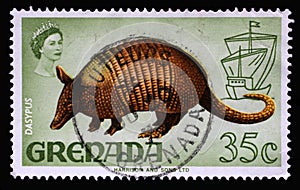 Stamp printed in Grenada shows Nine-banded Armadillo Dasypus novemcinctus, Series Flora and Fauna Definitives 1968-1971