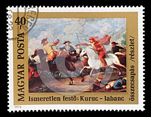 Stamp printed in Hungary issued for the 300th Birth Anniversary of Prince Ferenc Rakoczi II shows the clash between Rakoczi`s Kuru