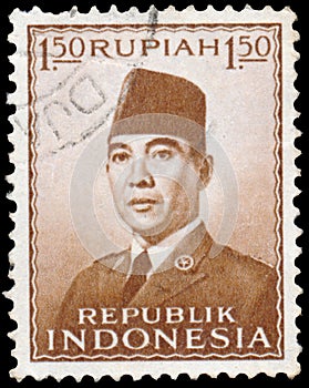 Stamp printed in the Indonesia shows president Sukarno