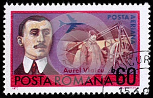 Stamp printed in Romania shows Aurel Vlaicu