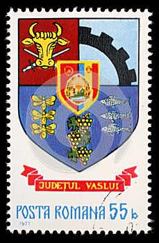 Stamp printed in Romania, shows coat of arms of Vaslui County