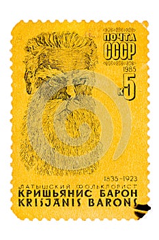 Stamp printed in the Soviet Union, shows portrait of Krishianis Baron (1835-1923), Latvian Folklorist