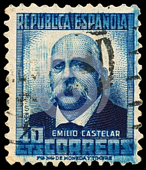 A stamp printed in Spain shows Emilio Castelar