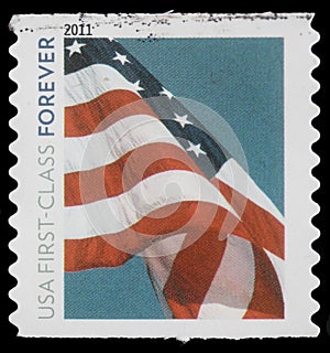 Stamp printed in USA, Flag, `USA first -class forever`