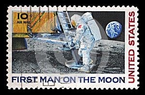 Stamp printed in USA shows Astronaut Neil Armstrong on the Moon