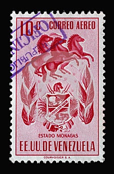 Stamp printed in Venezuela shows Arms of Monagas