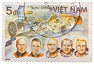 Stamp printed in Vietnam shows Apollon Soyuz Test Project crew Slayton, Stafford, Brand, Leonov, Kubasov