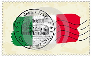 Stamp Rome Italy with the Colosseum on national flag