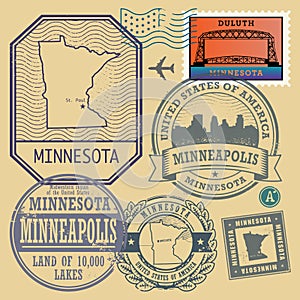 Stamp set with the name and map of Minnesota