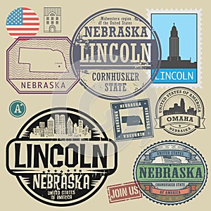 Stamp set with the name and map of Nebraska