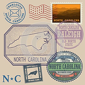 Stamp set with the name and map of North Carolina