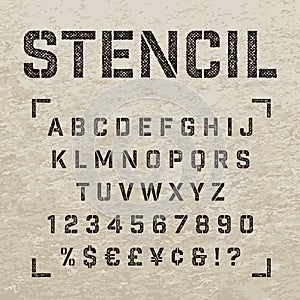 Stamp stencil letters, numbers and symbols. Grunge alphabet.