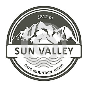 Stamp of Sun Valley in Idaho state, emblem with Bald Mountain peak, ski resort