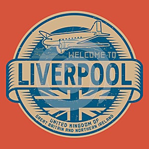 Stamp or tag with airplane text Welcome to Liverpool, United Kingdom